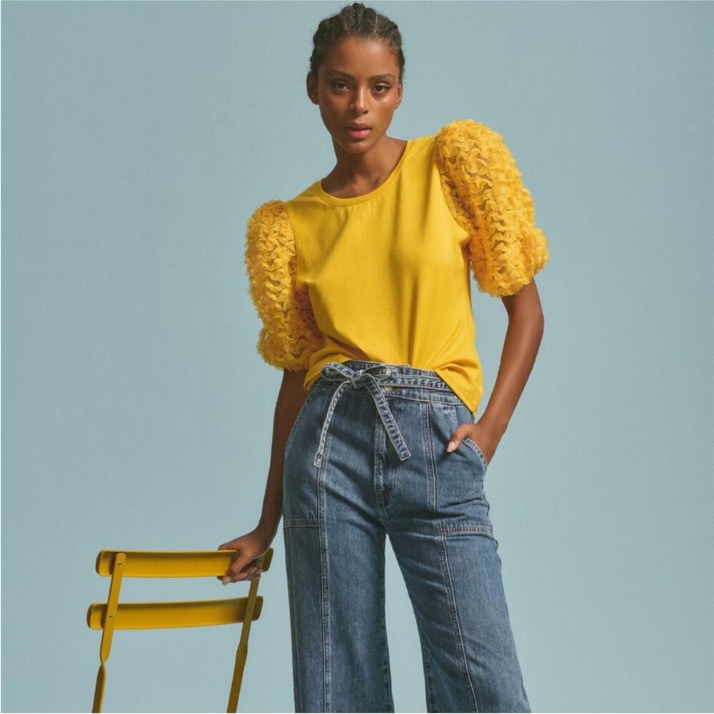 Anthropologie Flat White Ruffle Sleeve Top Yellow Size XS